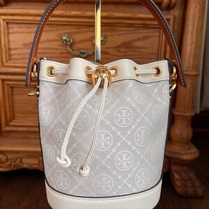 Tory Burch Cream and Gold Mini Bucket Bag